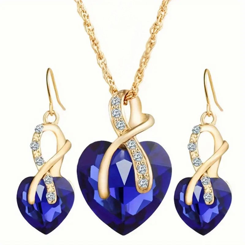 Gold Sapphire Heart Necklace and Earrings Set